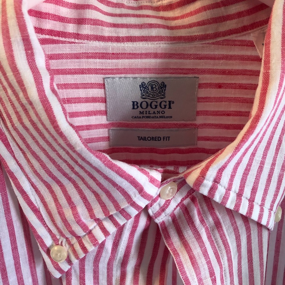 Linen pink and white striped button down